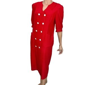 Vintage 80s 90s red double breasted short sleeve blazer midi shift dress 46